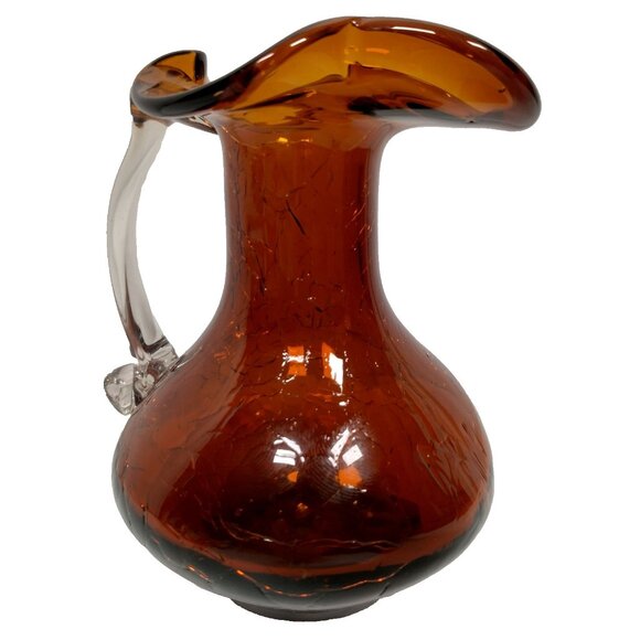 Crackle Glass Pitcher Brown Small Clear Handle Vase Collectible Art 3.75" Tall - Picture 1 of 15